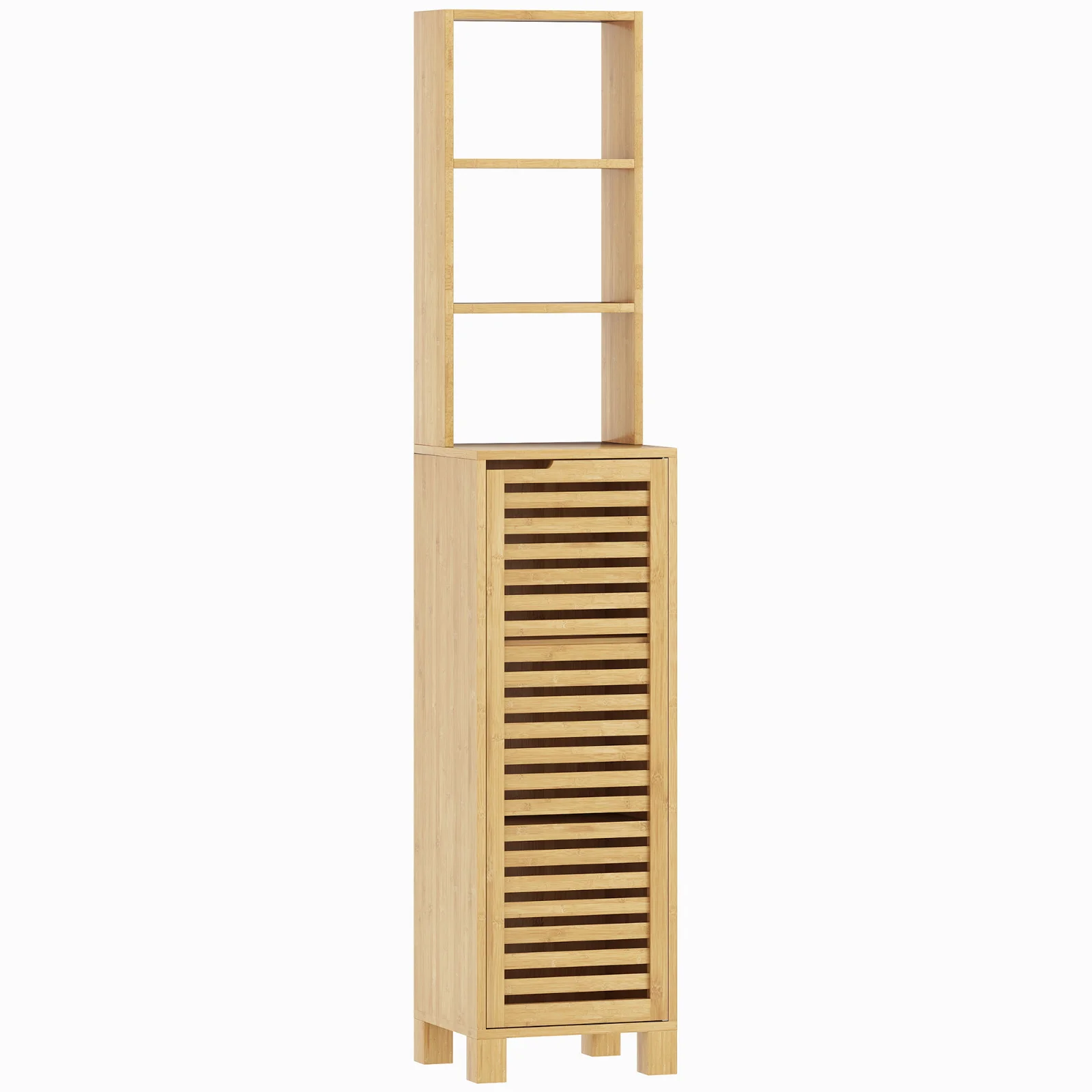 HOMCOM Dulap înalt pentru baie din bambus Coloană îngustă cu 3 polițe deschise Ușă cu lamele Rafturi reglabile 34x30x170 cm Natural | Aosom Romania HOMCOM Dulap înalt pentru baie din bambus Coloană îngustă cu 3 polițe deschise Ușă cu lamele Rafturi reglabile 34x30x170 cm Natural | Aosom Romania