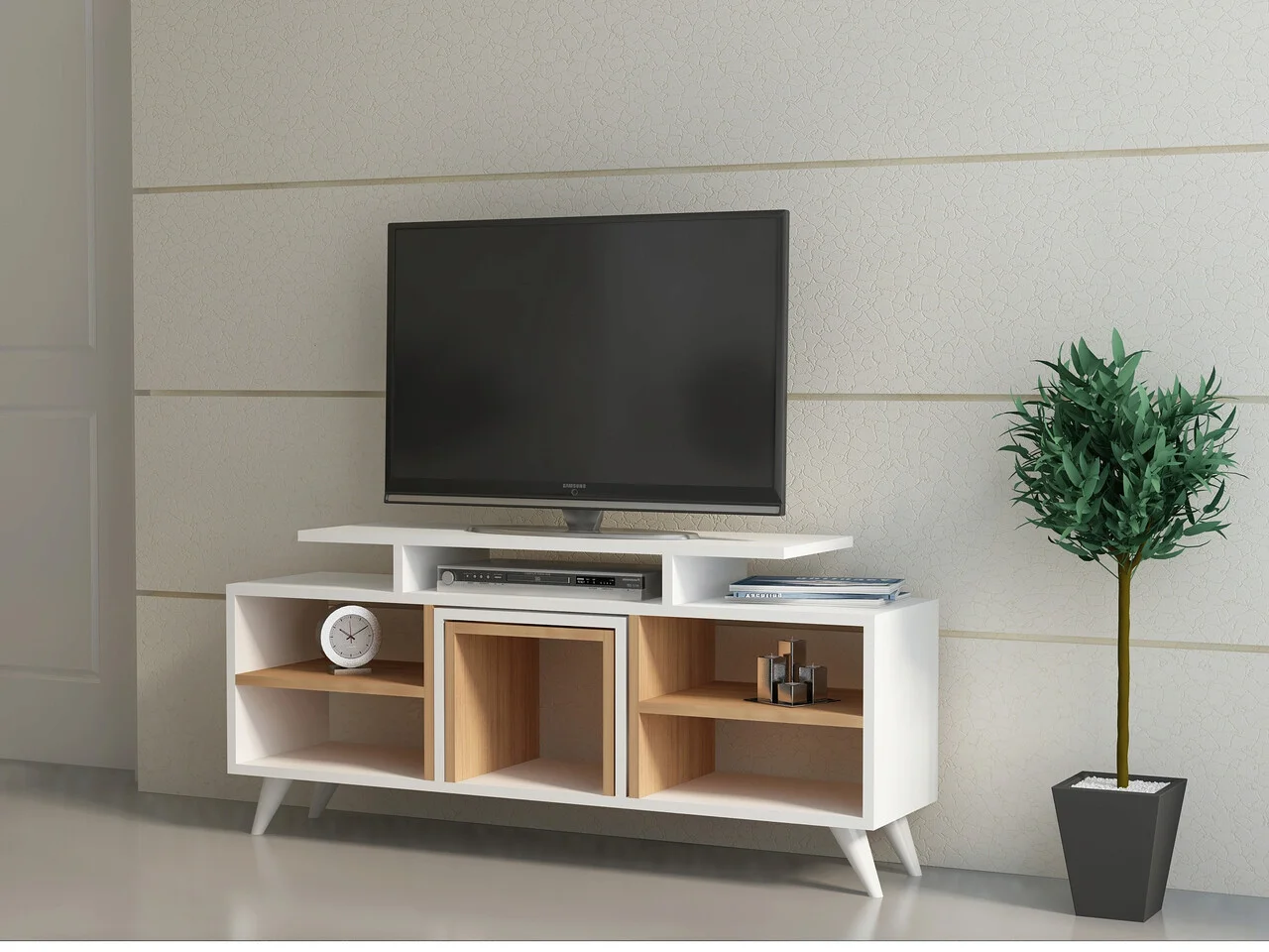 Comoda TV, Hanah Home, Kutay, Alb / Teak Comoda TV, Hanah Home, Kutay, Alb / Teak
