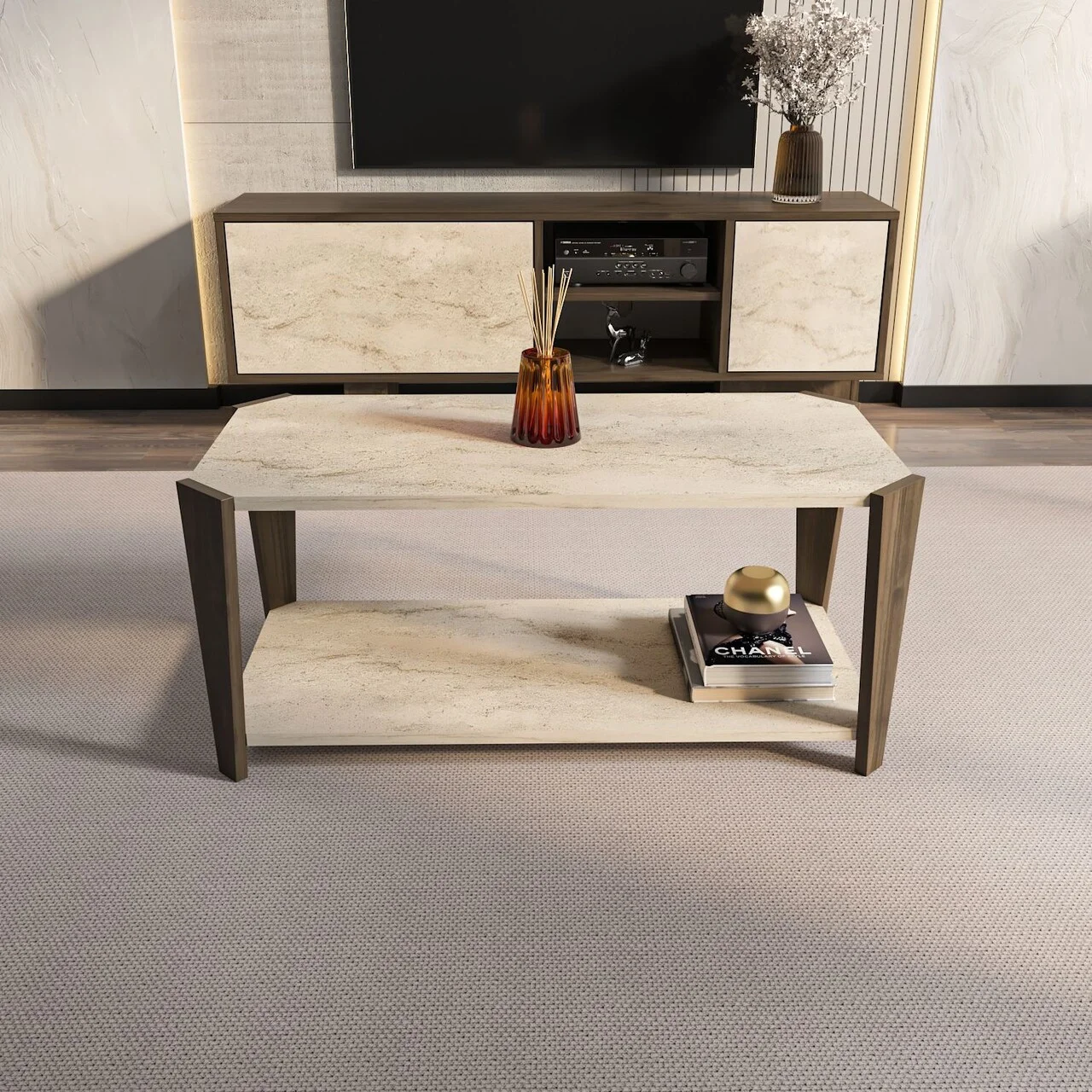 Masuta de cafea, Hanah Home, Monao, 91x40x47.5 cm, Nuc / Travertin Masuta de cafea, Hanah Home, Monao, 91x40x47.5 cm, Nuc / Travertin