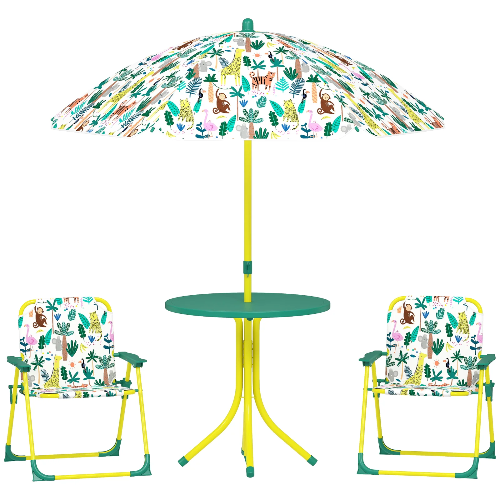 AIYAPLAY Masă de Picnic pentru Copii, Set Masă și Două Scaune Pliabile cu Umbrelă Demontabilă, Tematică Jungle, Mobilier de Exterior pentru Grădină, Terasă, Verde | Aosom Romania AIYAPLAY Masă de Picnic pentru Copii, Set Masă și Două Scaune Pliabile cu Umbrelă Demontabilă, Tematică Jungle, Mobilier de Exterior pentru Grădină, Terasă, Verde | Aosom Romania