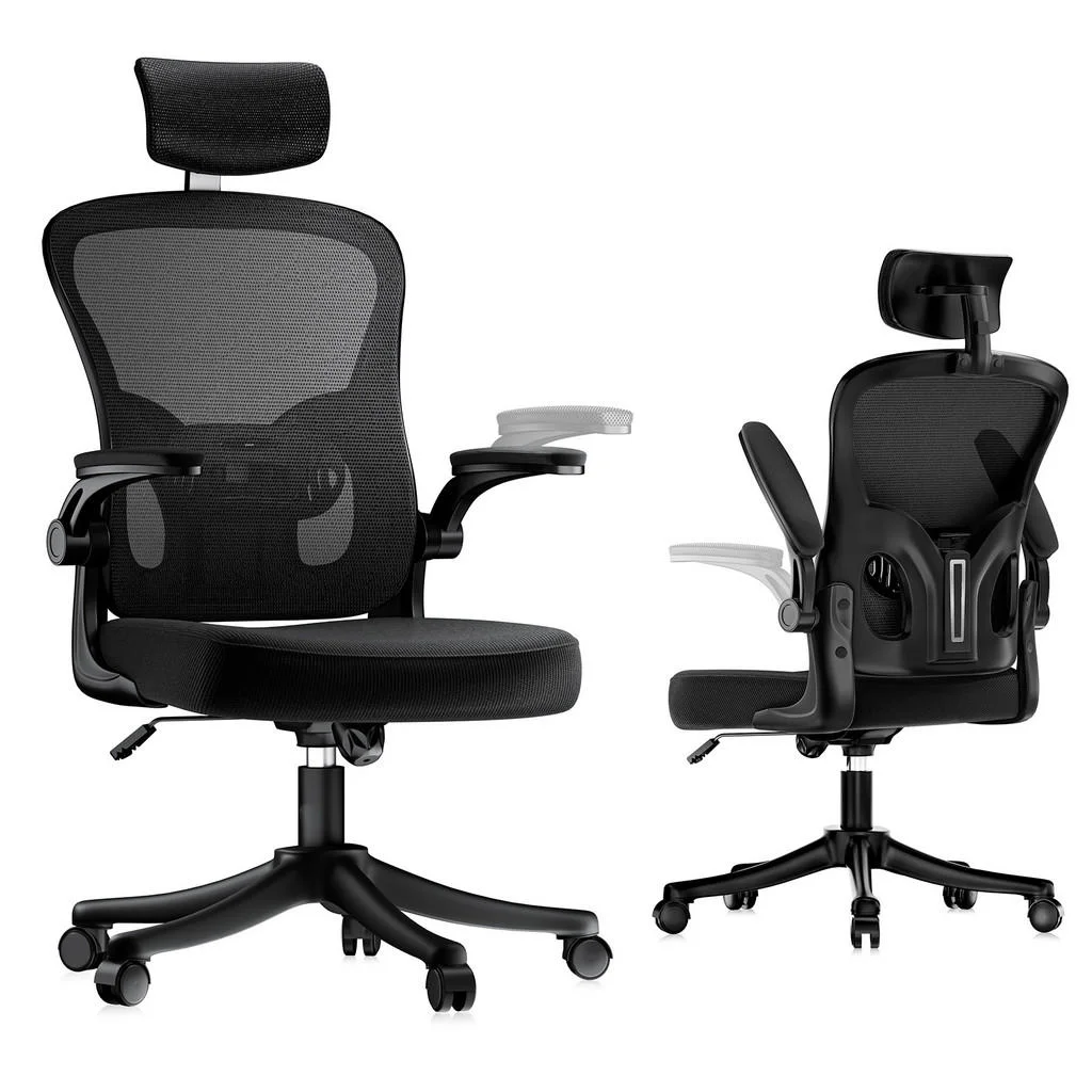 SCAUN DE BIROU ergonomic cu înălțime reglabilă, cotiere rabatabile și tetieră – Negru