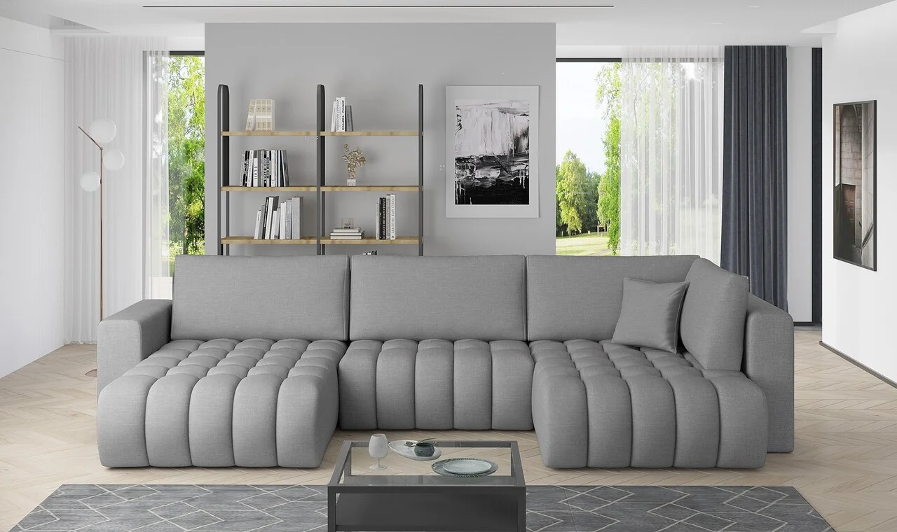 Coltar extensibil stanga 6 locuri ELTAP, LT-04FL, Bonito, 350x175x92 cm, lemn/poliester, gri deschis Coltar extensibil stanga 6 locuri ELTAP, LT-04FL, Bonito, 350x175x92 cm, lemn/poliester, gri deschis
