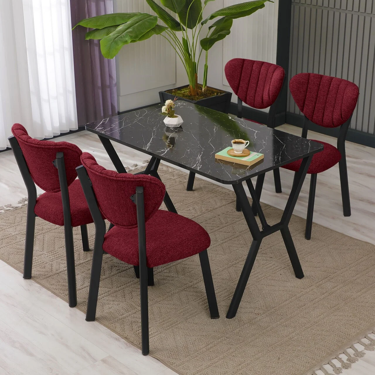 Set masa extensibila si scaune (5 piese), Hanah Home, Elma, Burgundiu / Negru Set masa extensibila si scaune (5 piese), Hanah Home, Elma, Burgundiu / Negru