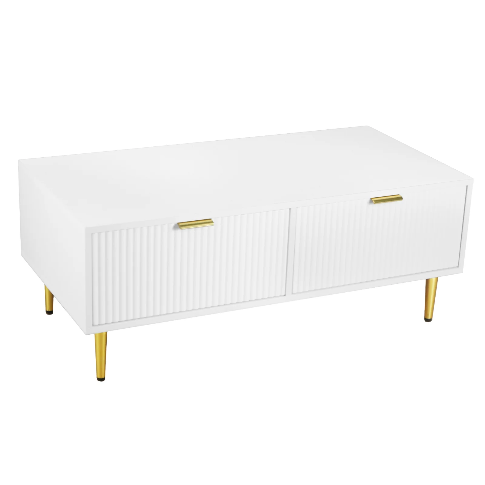 Măsuță de Cafea Modernă cu 2 Sertare și Design cu Dungi Verticale, 100x50x40 cm - Măsuță de Canapea, Alb+Auriu Măsuță de Cafea Modernă cu 2 Sertare și Design cu Dungi Verticale, 100x50x40 cm - Măsuță de Canapea, Alb+Auriu