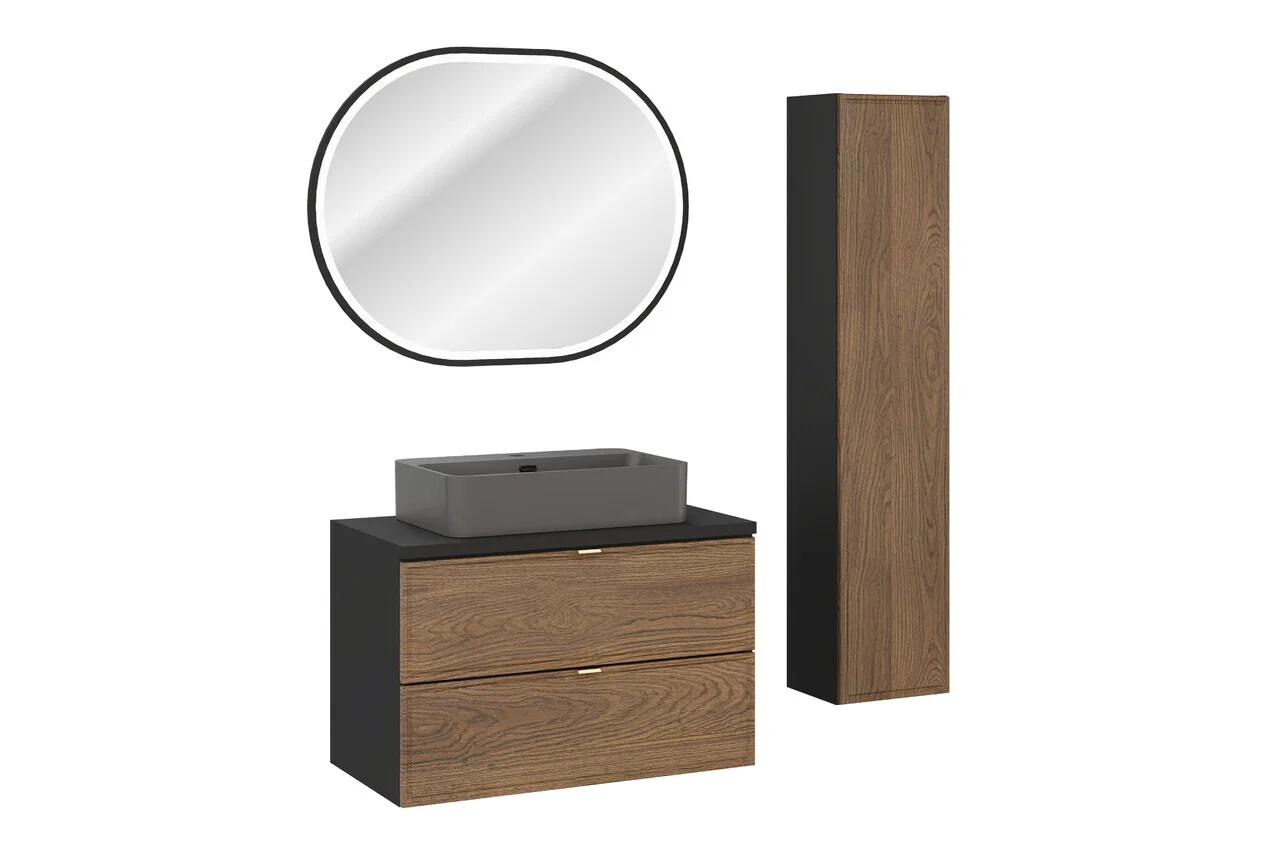 Set mobilier baie, masca cu lavoar, dulap inalt si oglinda LED, 80 cm Trust, Talia Casella Black, Comad, MDF/PAL laminat, stejar casella/negru mat Set mobilier baie, masca cu lavoar, dulap inalt si oglinda LED, 80 cm Trust, Talia Casella Black, Comad, MDF/PAL laminat, stejar casella/negru mat