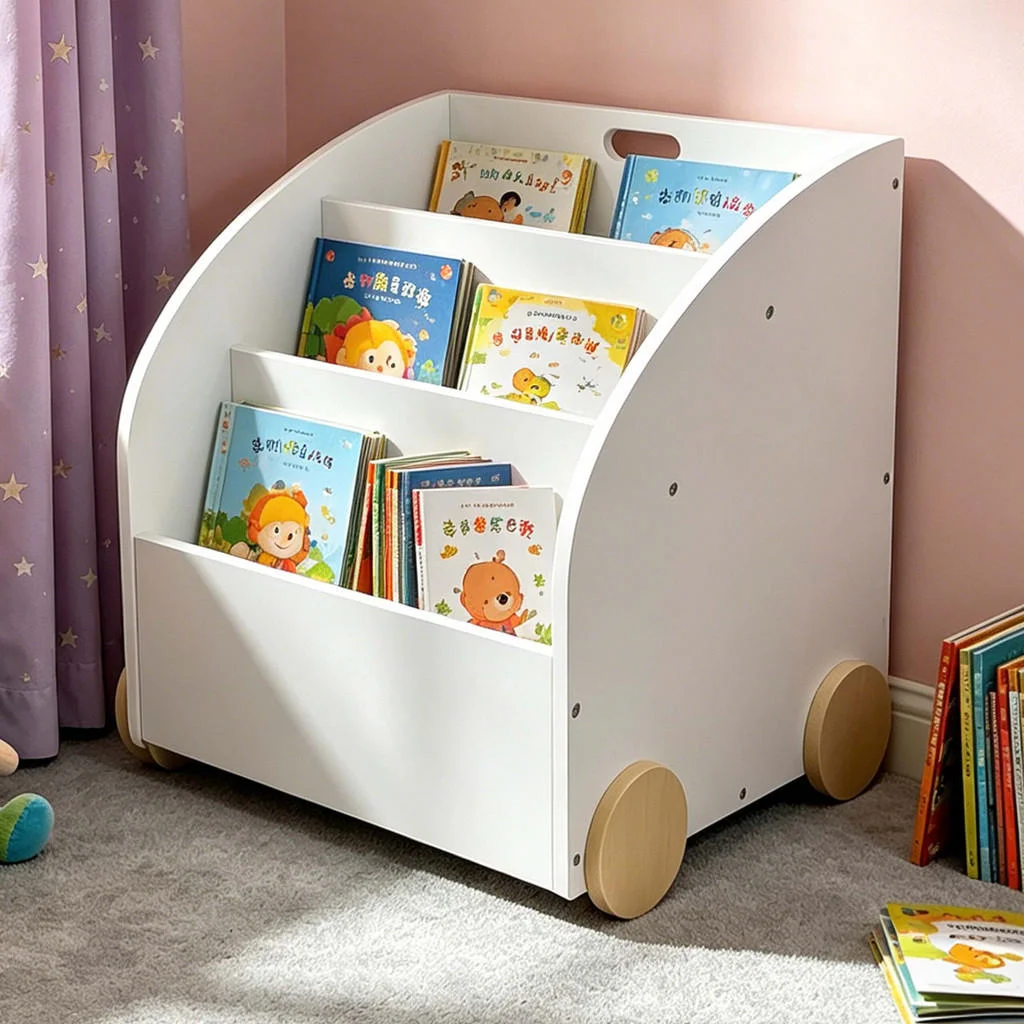 BIBLIOTECĂ Alb natural copii 3-compartimente cu roți BIBLIOTECĂ Alb natural copii 3-compartimente cu roți