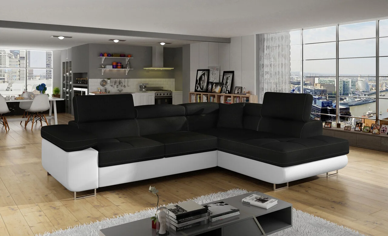Coltar extensibil dreapta 4 locuri, ELTAP, Anton, 272x203x85 cm, lemn/poliester, negru/alb Coltar extensibil dreapta 4 locuri, ELTAP, Anton, 272x203x85 cm, lemn/poliester, negru/alb