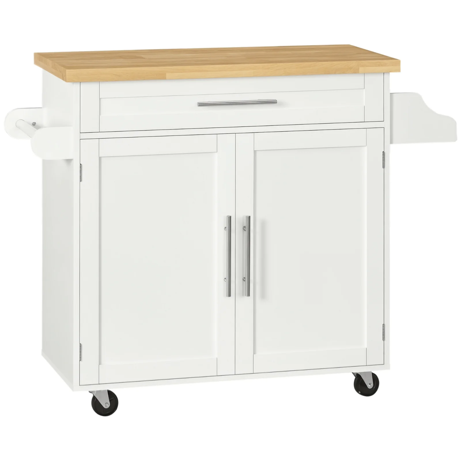 HOMCOM Cărucior de bucătărie Servie, Insulă de bucătărie, 1 Suport pentru condimente, 1 Suport pentru prosoape, 109 cm x 40 cm x 89 cm, Alb | Aosom Romania HOMCOM Cărucior de bucătărie Servie, Insulă de bucătărie, 1 Suport pentru condimente, 1 Suport pentru prosoape, 109 cm x 40 cm x 89 cm, Alb | Aosom Romania