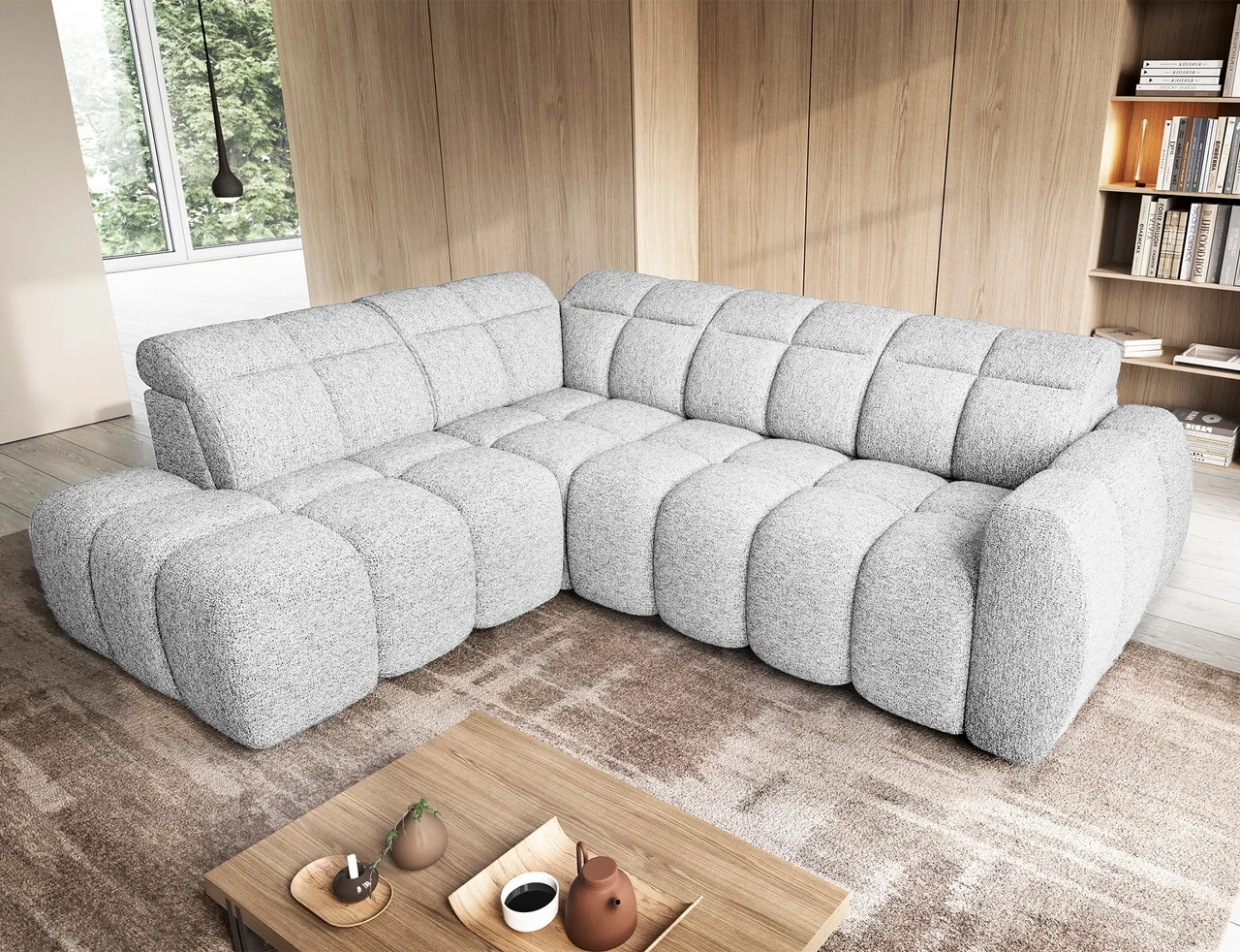 Coltar extensibil stanga 4 locuri ELTAP, LT-01COR, Falconn, 258x208x107 cm, lemn/poliester, gri deschis Coltar extensibil stanga 4 locuri ELTAP, LT-01COR, Falconn, 258x208x107 cm, lemn/poliester, gri deschis