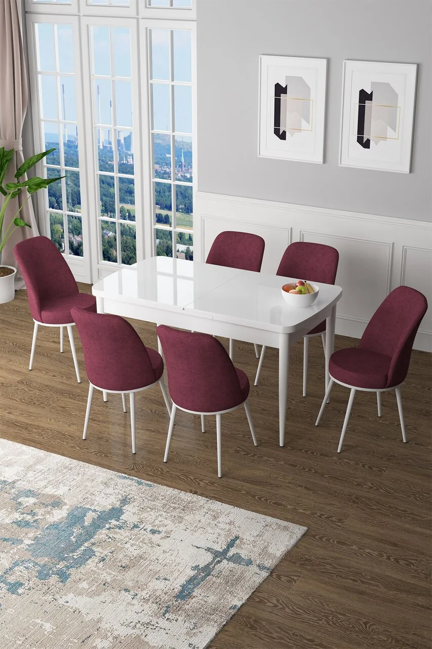 Set masa extensibila si scaune (7 piese), Hanah Home, Zen, Alb / Burgundia Set masa extensibila si scaune (7 piese), Hanah Home, Zen, Alb / Burgundia