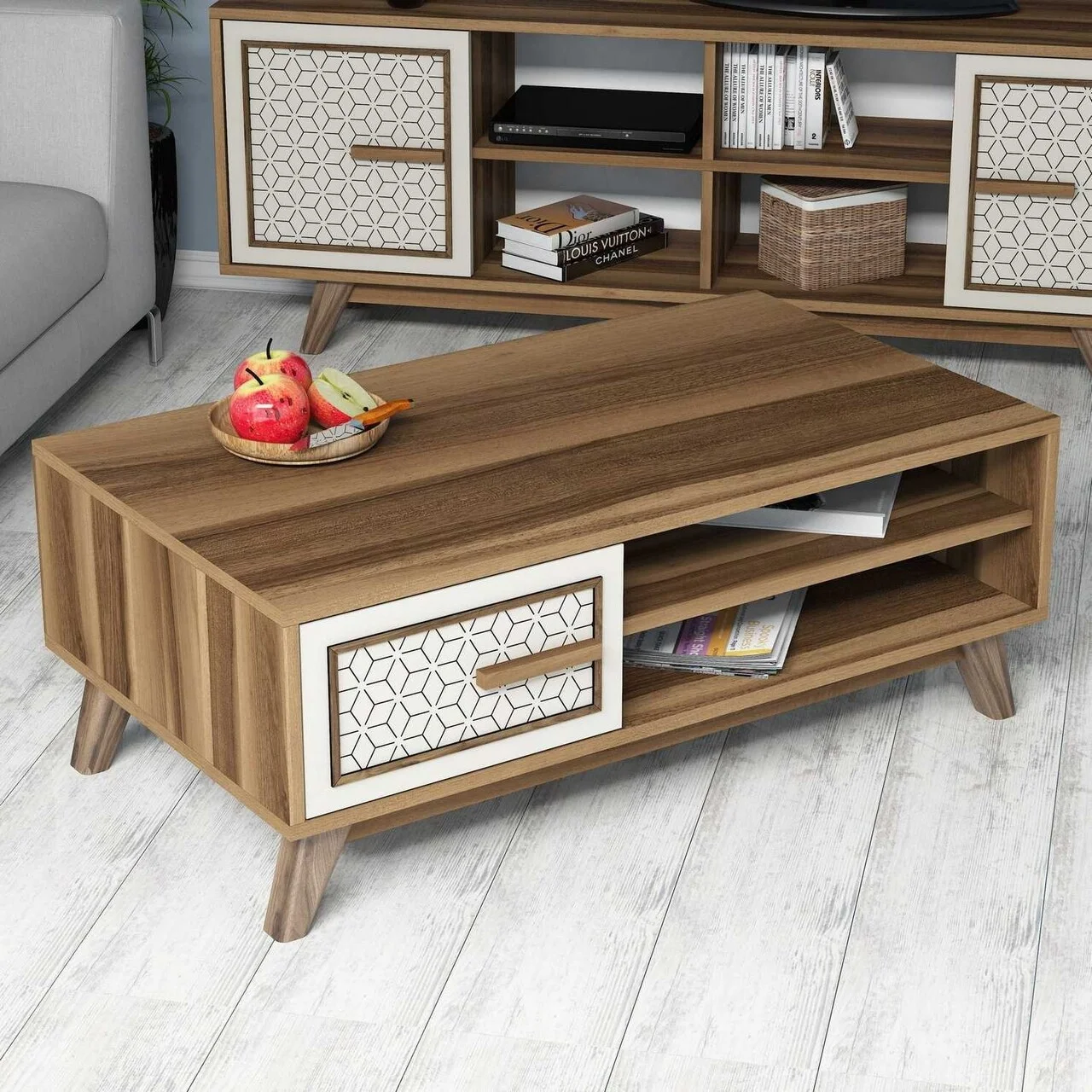 Masuta de cafea Ayla Walnut, Hommy Craft, 105x60x38,2 cm, aluna/crem Masuta de cafea Ayla Walnut, Hommy Craft, 105x60x38,2 cm, aluna/crem