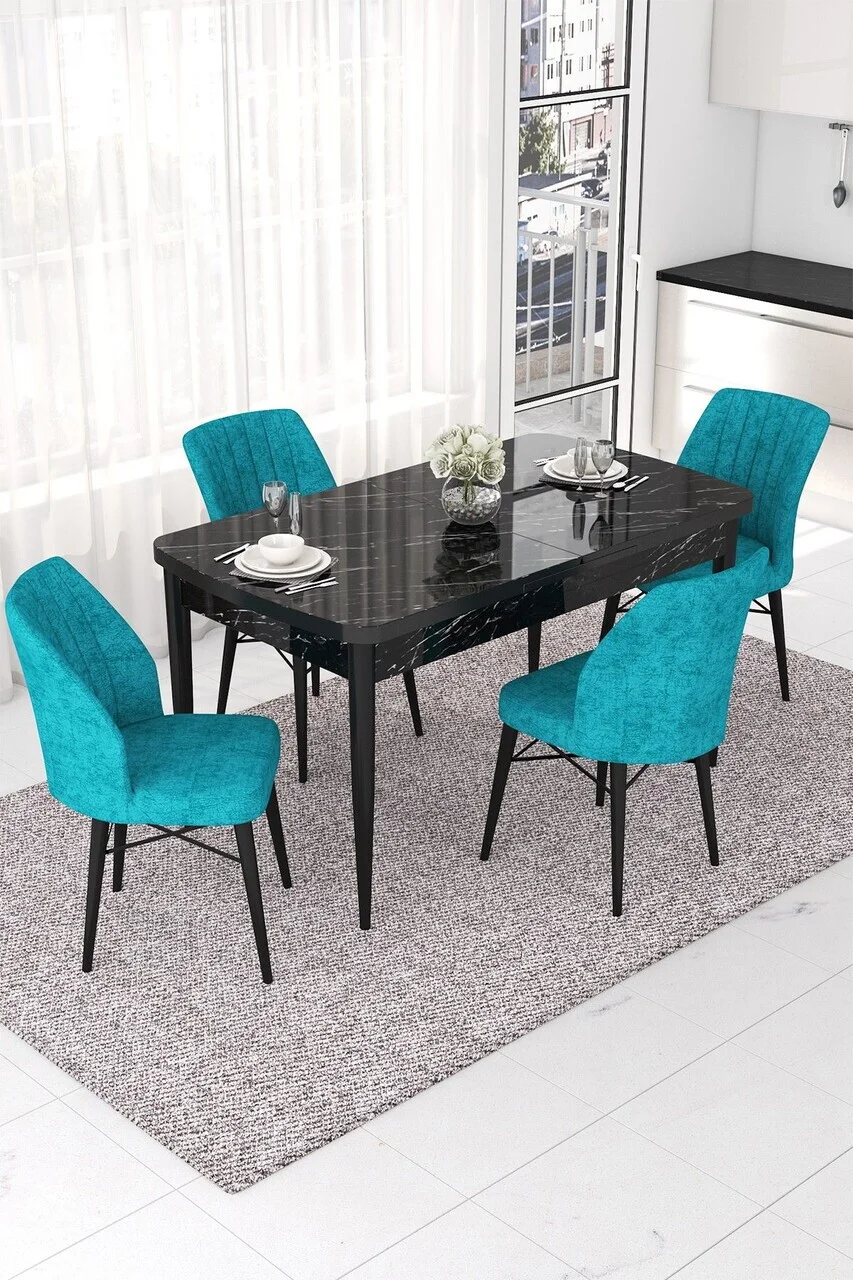 Set masa extensibila si scaune (5 piese), Hanah Home, Nef, Model de marmură neagră / turcoaz Set masa extensibila si scaune (5 piese), Hanah Home, Nef, Model de marmură neagră / turcoaz