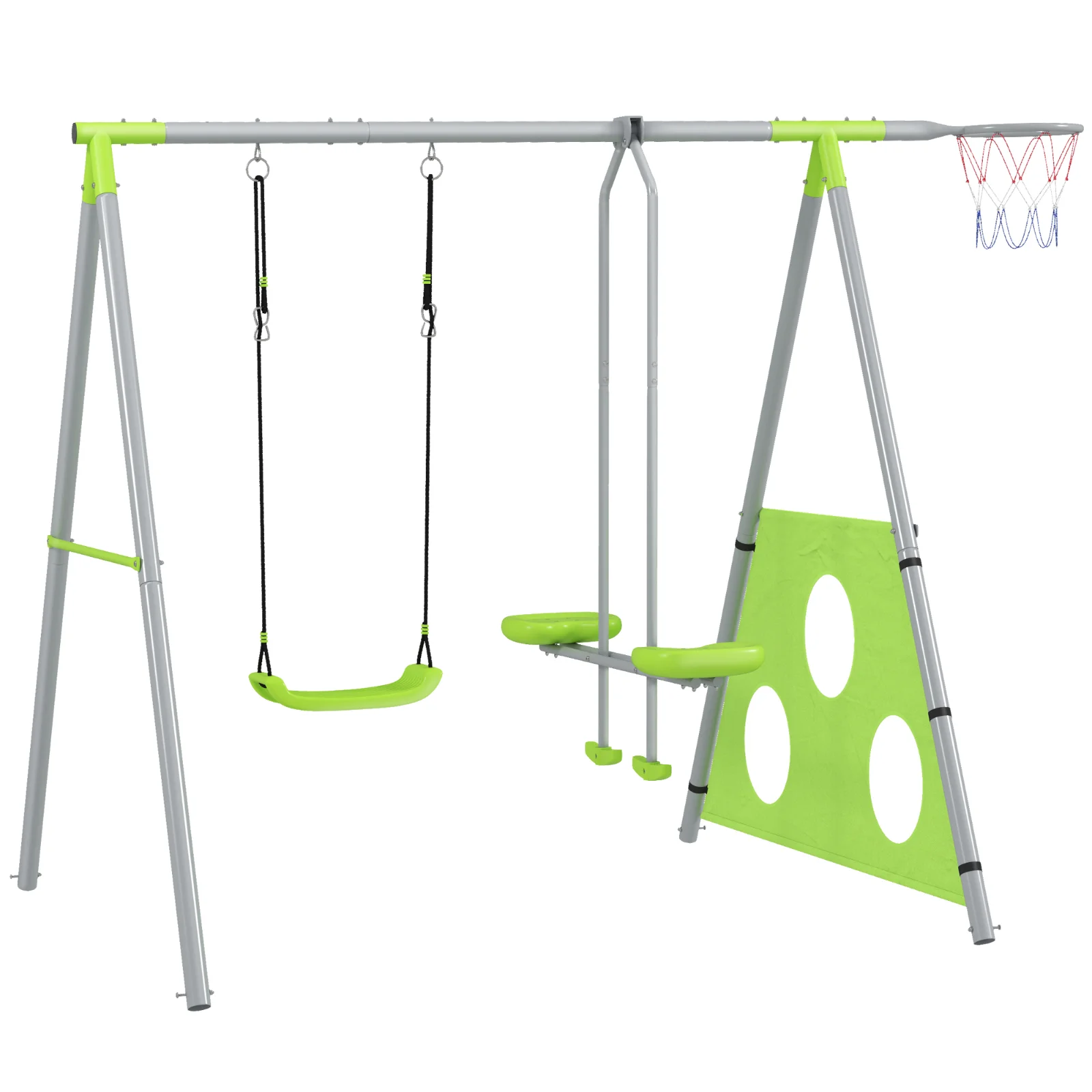 AIYAPLAY Leagăn de Grădină 4 în 1 pentru Copii cu Coș de Baschet și Poartă de Fotbal, 215x180x182 cm, Verde | Aosom Romania AIYAPLAY Leagăn de Grădină 4 în 1 pentru Copii cu Coș de Baschet și Poartă de Fotbal, 215x180x182 cm, Verde | Aosom Romania