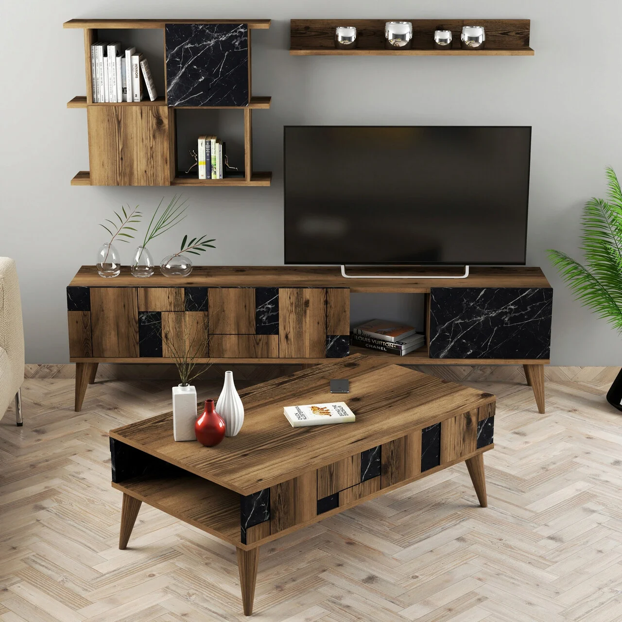 Set mobilier living, Hanah Home, Madrid, Nuc / Negru Set mobilier living, Hanah Home, Madrid, Nuc / Negru