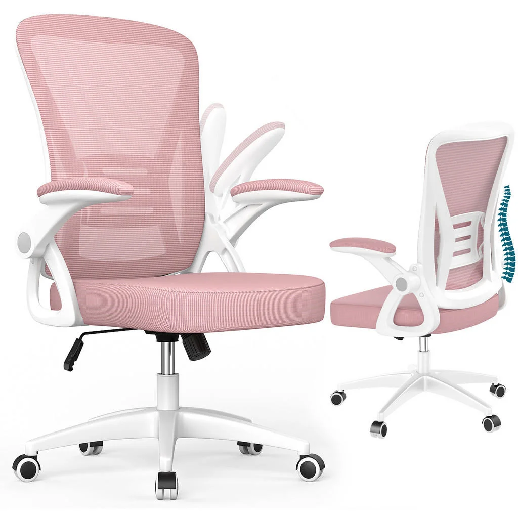 SCAUN DE BIROU ROTATIV ergonomic cu spătar mediu și cotiere rabatabile – Roz