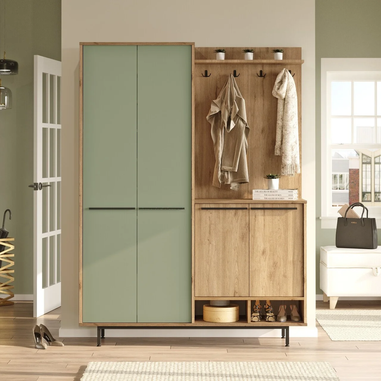 Cuier de perete, Hanah Home, OS1-SY, 147.4x195.6x35.5 cm, Stejar / Verde Cuier de perete, Hanah Home, OS1-SY, 147.4x195.6x35.5 cm, Stejar / Verde