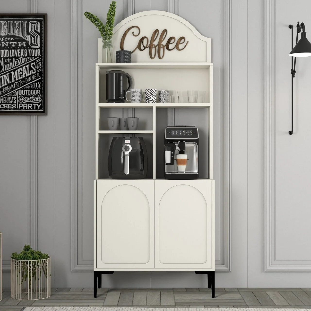 Dulap de bar pentru cafea, Hanah Home, Lyon 80, 81.3x201x35 cm, Crem/Negru Dulap de bar pentru cafea, Hanah Home, Lyon 80, 81.3x201x35 cm, Crem/Negru