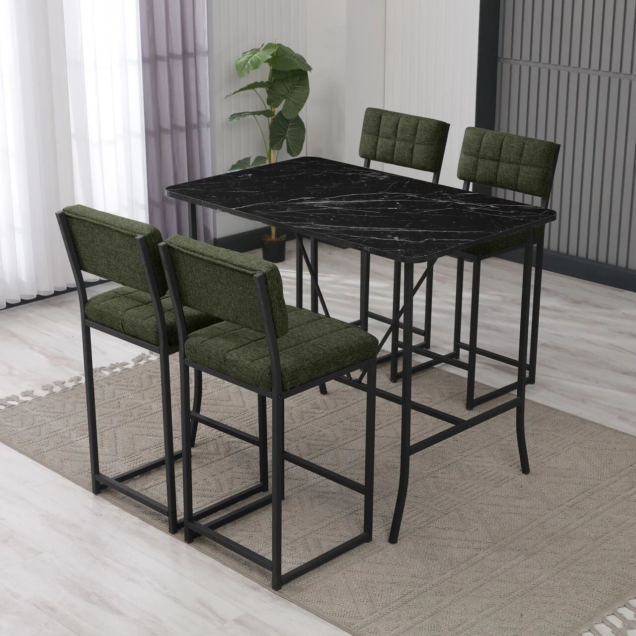 Set masa si 4 scaune de bar, Hanah Home, Retro, Verde/Negru Set masa si 4 scaune de bar, Hanah Home, Retro, Verde/Negru