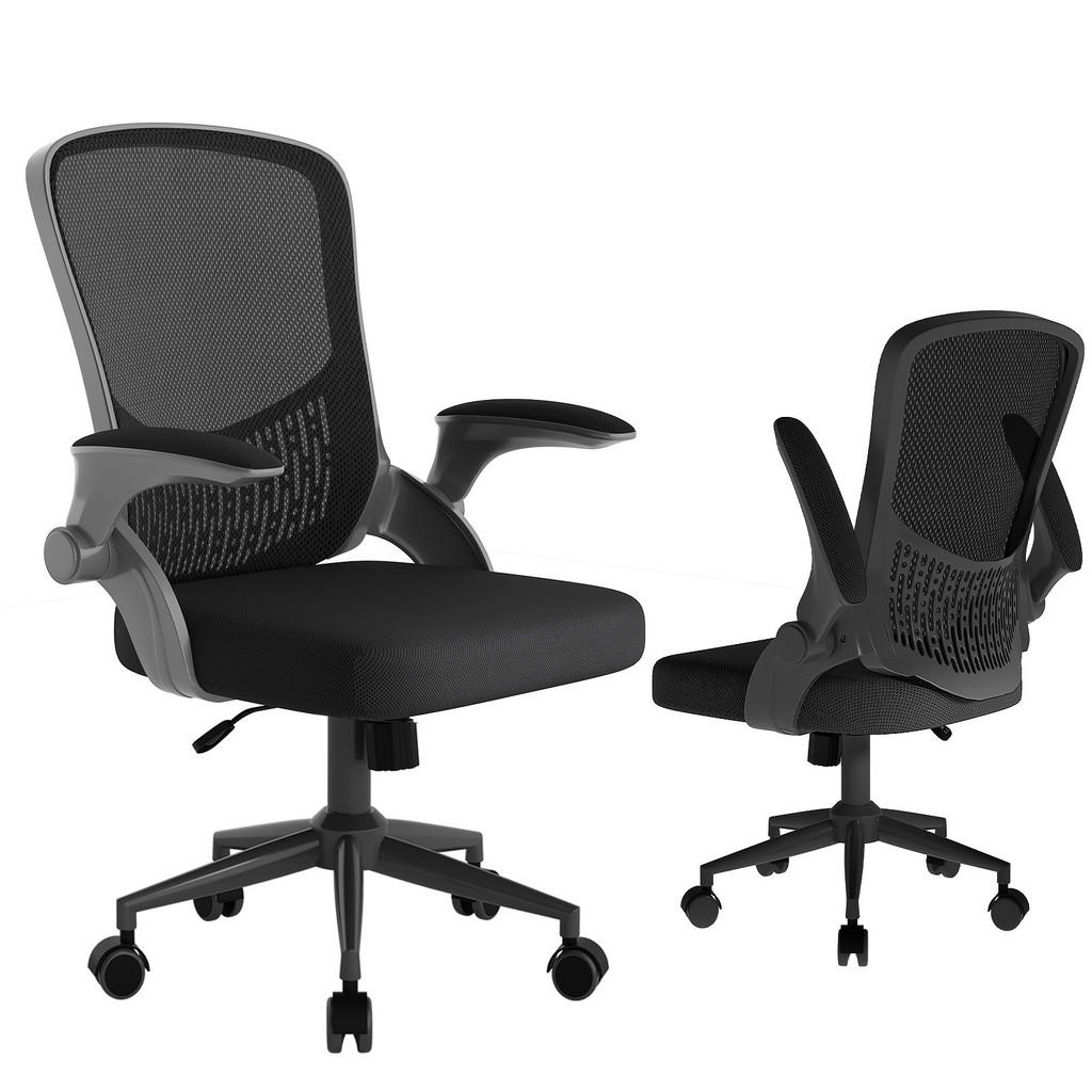 SCAUN DE BIROU ergonomic cu cotiere rabatabile, spătar mediu, suport lombar și coș de depozitare – Negru