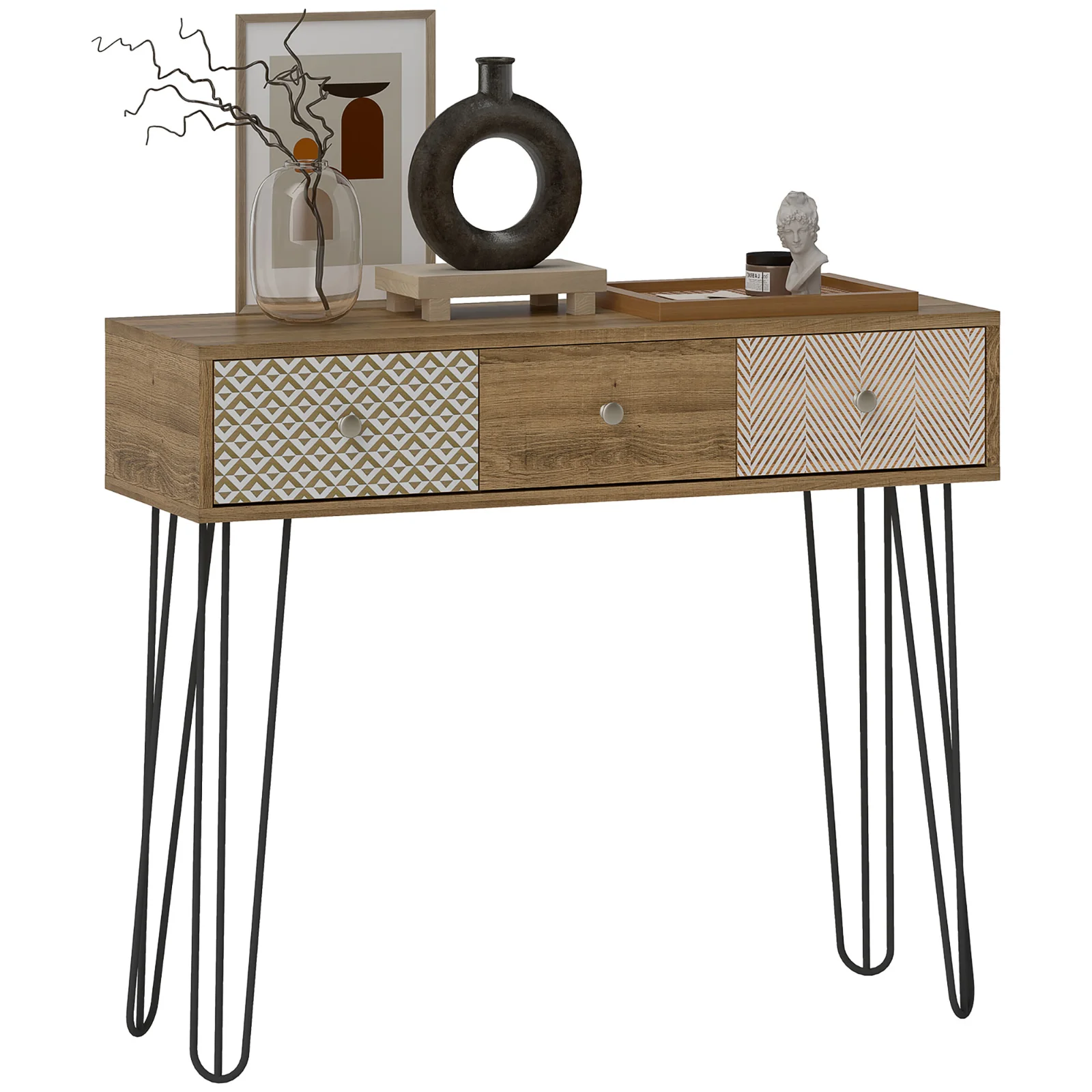 HOMCOM Masă console cu 3 sertare, masă de intrare îngustă cu picioare în formă de ac de păr din oțel, 90 x 30 x 75 cm, maro | Aosom Romania HOMCOM Masă console cu 3 sertare, masă de intrare îngustă cu picioare în formă de ac de păr din oțel, 90 x 30 x 75 cm, maro | Aosom Romania