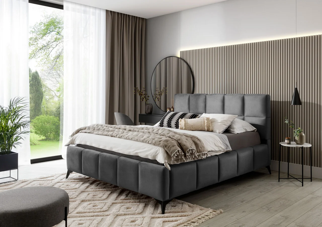 Pat tapitat cu somiera si lada depozitare, 140x200 cm, ELTAP, BE-MIS-04VE, Mist, lemn/poliester, gri inchis Pat tapitat cu somiera si lada depozitare, 140x200 cm, ELTAP, BE-MIS-04VE, Mist, lemn/poliester, gri inchis