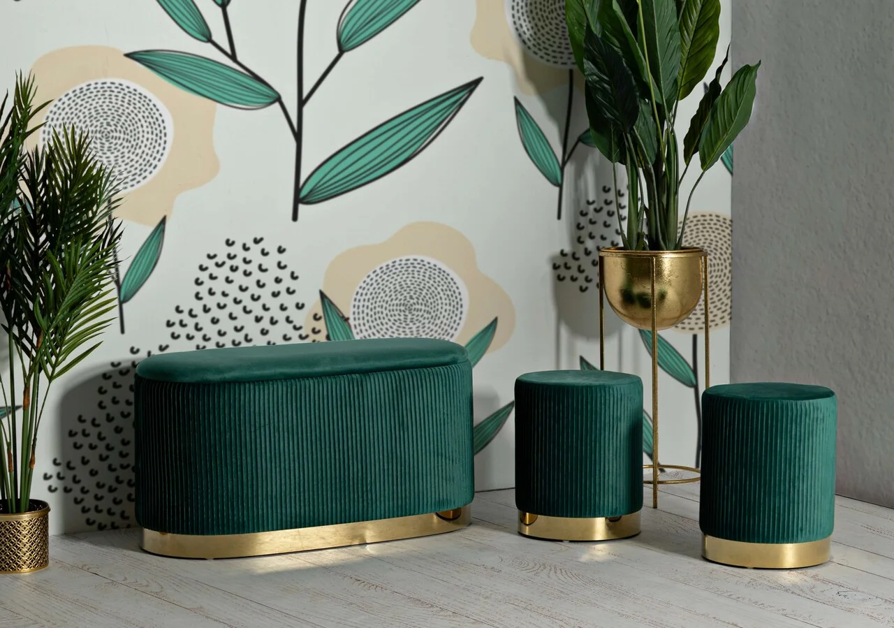Set bancheta si 2 taburete Shopy, Mauro Ferretti, 80x37x42 cm, 29x35 cm, fier/MDf/poliester, verde/auriu Set bancheta si 2 taburete Shopy, Mauro Ferretti, 80x37x42 cm, 29x35 cm, fier/MDf/poliester, verde/auriu